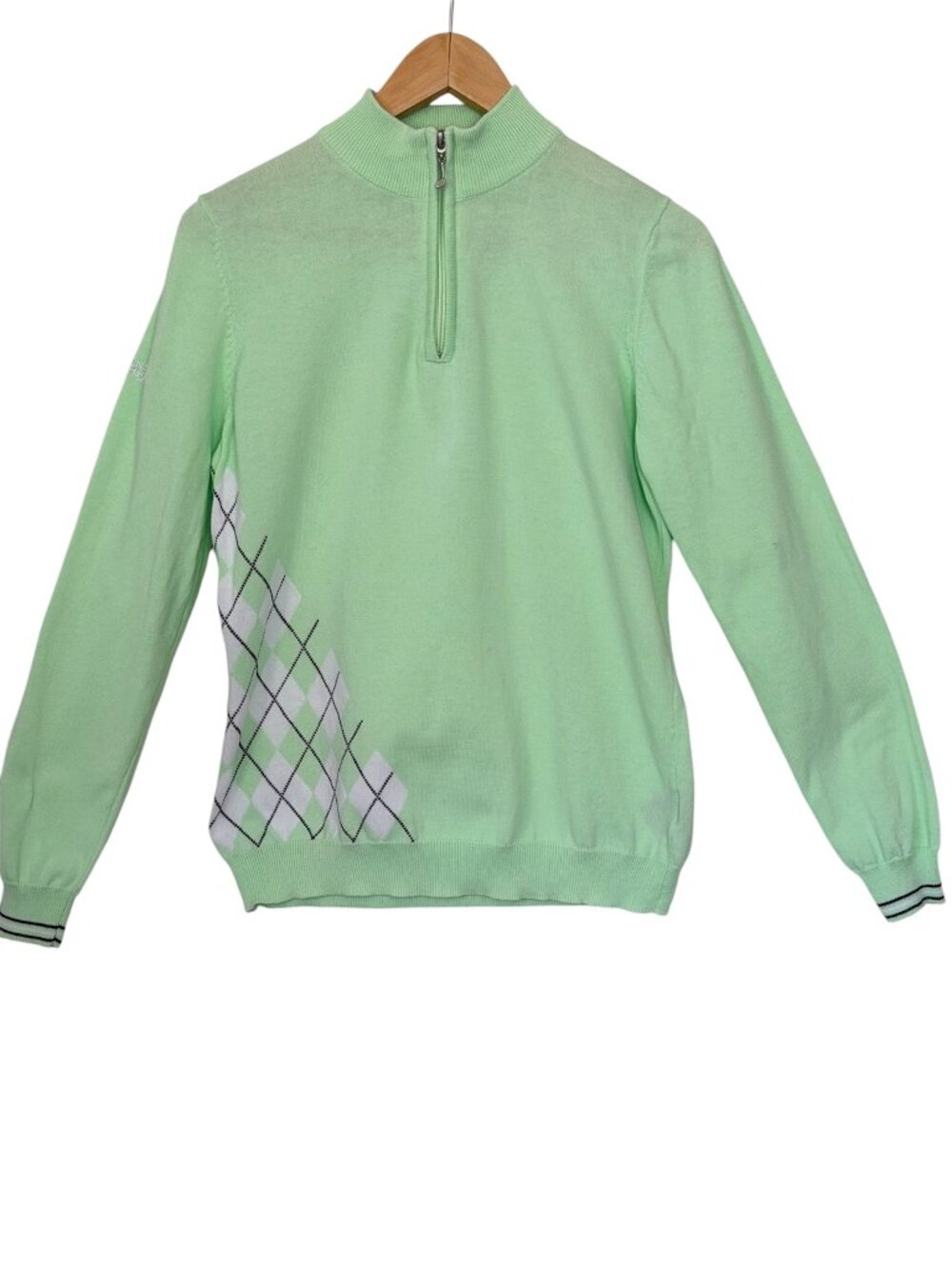 Glenmuir 1891 Cotton Golf Argyle 1/4 Zip Long Sleeve Sweater Ladies Mint Green L